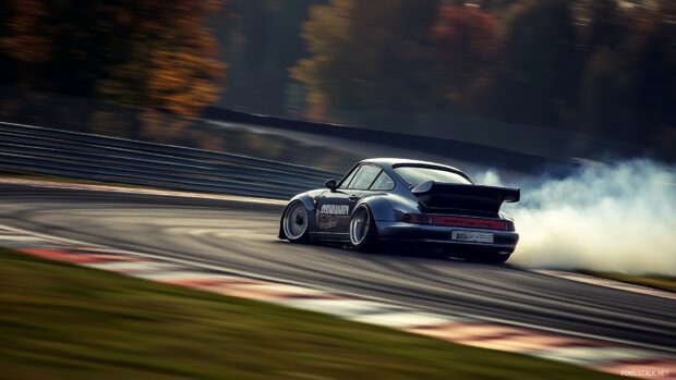 Car Wallpaper for PC with a Porsche 911 Carrera drifting on a sharp curve of a racetrack, with smoke trailing behind the tires.