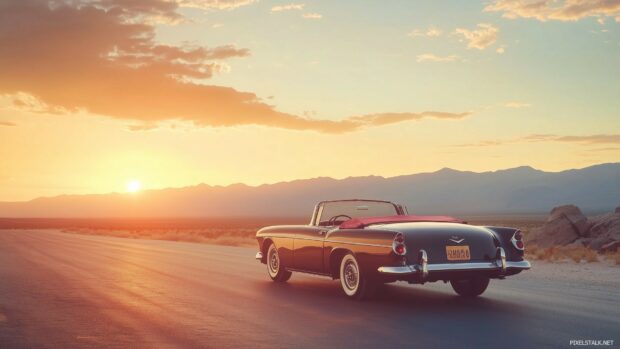 Car full HD 1080p wallpaper with a classic convertible driving through a desert road at sunset.