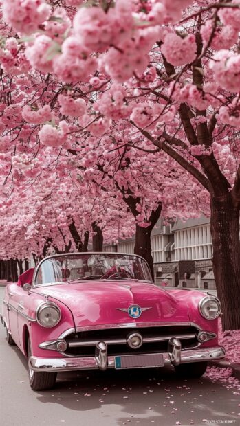 Car iPhone wallpaper with a classic car parked under blooming cherry blossom trees.