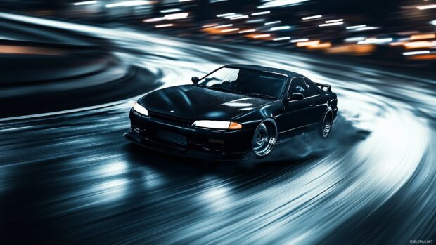 Car wallpaper desktop HD with a black Nissan Silvia drifting around a sharp corner at night.