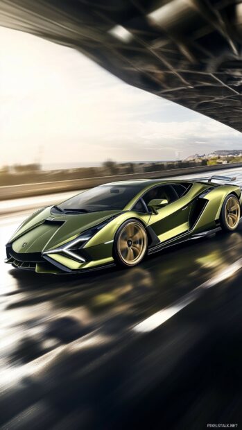 Car wallpaper phone with a Lamborghini Sian in metallic green, speeding down a coastal highway at sunrise.