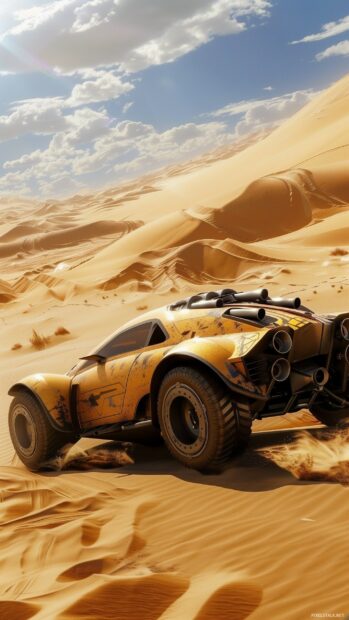 Car wallpaper phone with a car in a desert landscape with dramatic sand dunes.