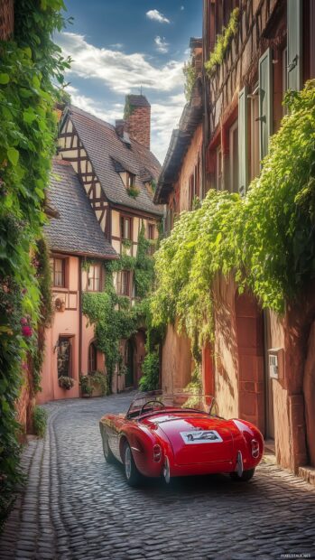 Car wallpaper phone with a classic roadster driving through a narrow cobblestone street in a historic European town.