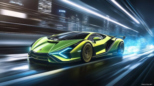 Car wallpaper with a Lamborghini Sian in neon green, racing along a futuristic highway with glowing road markings.