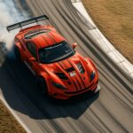 Cars Wallpaper 4K with A bright red race car drifting through a sharp corner on a track, with smoke billowing from the tires.