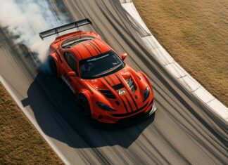 Cars Wallpaper 4K with A bright red race car drifting through a sharp corner on a track, with smoke billowing from the tires.