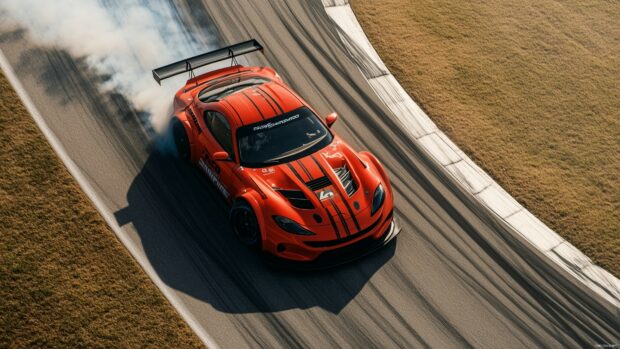 Cars Wallpaper 4K with A bright red race car drifting through a sharp corner on a track, with smoke billowing from the tires.