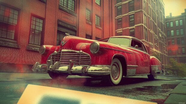 Cars Wallpaper 4K with a 1940s Cadillac in front of a historic building, with a faded Polaroid frame and a nostalgic color palette.