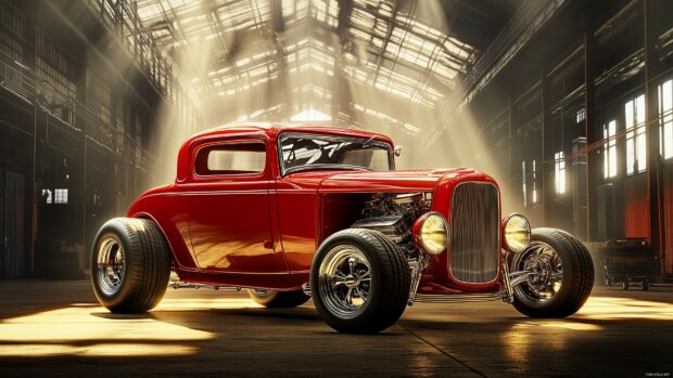 Cars Wallpaper 4K with a custom hot rod with a chrome finish, showcased under spotlights in an industrial warehouse.