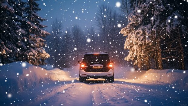 Cars Wallpaper 4K with a luxury SUV driving through a snowy forest, with snowflakes gently falling around it.