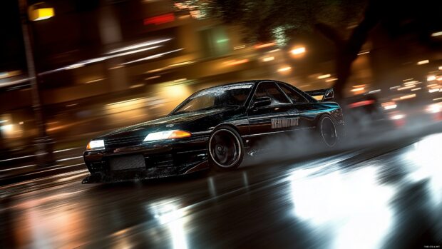 Cars Wallpaper 4K with a sleek black Nissan Silvia drifting around a sharp corner at night, with bright city lights reflecting off the wet pavement.