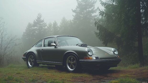 Cars Wallpaper 4K with a vintage Porsche 911 driving through a misty forest.