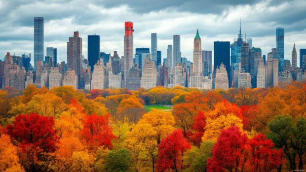 Central Park in autumn, with colorful trees and the city skyline in the distance.