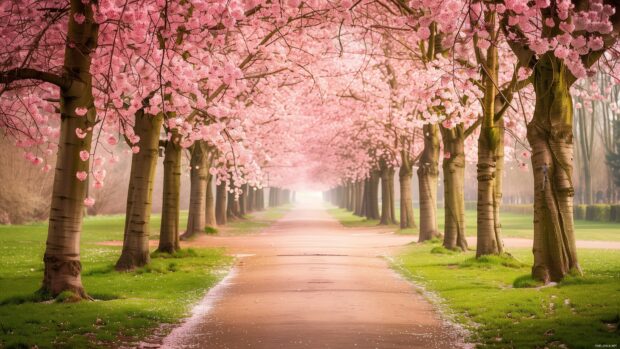 Cherry blossom trees lining a peaceful park path in early spring.