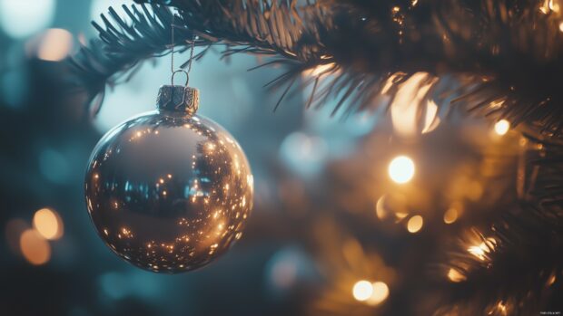 Christmas 4K wallpaper of elegant Christmas ornaments hanging on a tree, with twinkling lights and a festive garland in the background.