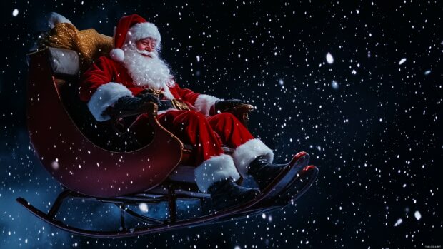 Christmas 4K wallpaper with Santa Claus riding his sleigh across a starry night sky, high quality photography.