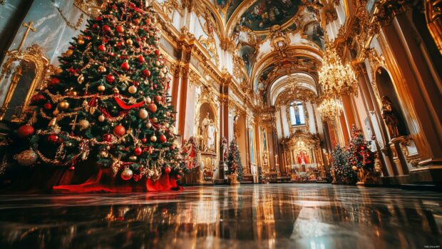 Christmas 4K wallpaper with a Christmas tree in a grand cathedral, adorned with religious ornaments.