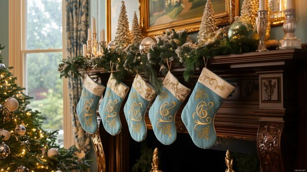 Christmas 4K wallpaper with preppy stockings and monogrammed ornaments.