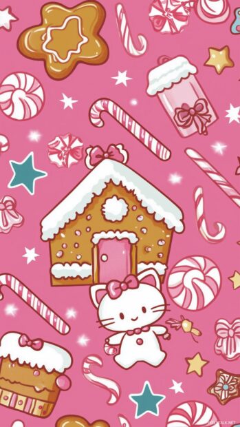 Christmas Hello Kitty Wallpaper with a gingerbread house, mixed with candy canes and stars.