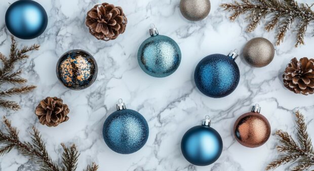 Christmas Laptop wallpaper of Christmas ornaments, including glittery baubles and classic glass ornaments.