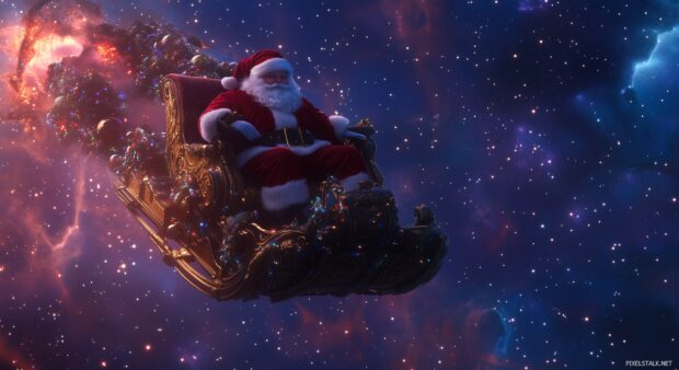 Christmas Laptop wallpaper with Santa Claus riding his sleigh across a starry night sky.