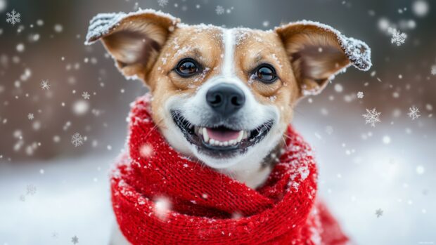 Christmas dog playing in the snow with a red scarf.