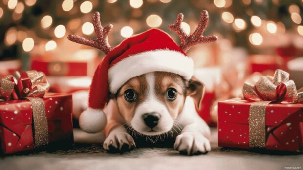 Christmas dog with a Santa hat and reindeer antlers, surrounded by holiday presents and twinkling lights.