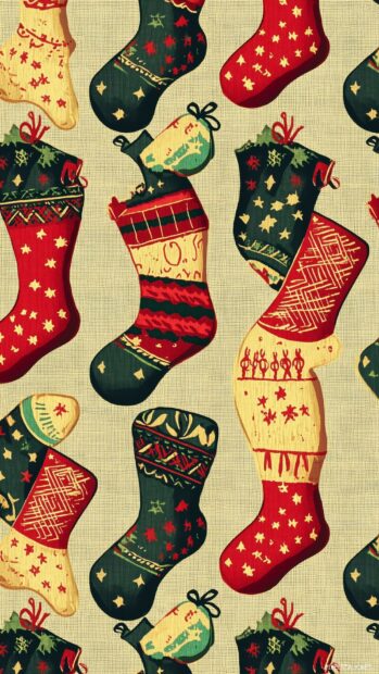 Christmas iPhone wallpaper of small Christmas stockings and bells, alternating in a diagonal tile design with festive but subdued colors.