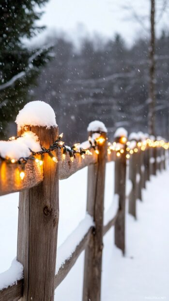 Christmas phone wallpaper featuring Christmas lights draped over a rustic wooden fence and glowing softly in the snowfall.