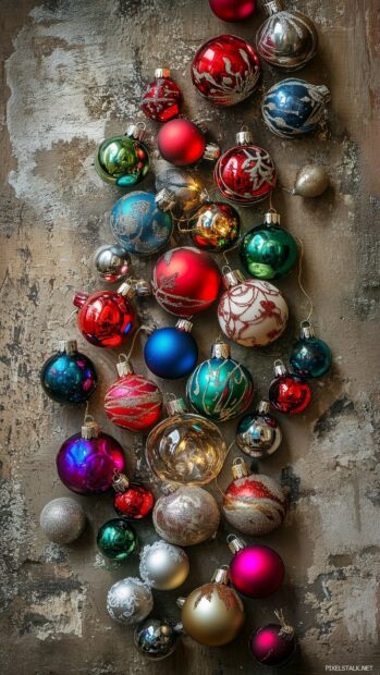 Christmas phone wallpaper of colorful Christmas baubles and glass ornaments scattered across a textured surface with soft holiday lighting.