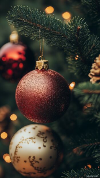 Christmas phone wallpaper of shimmering Christmas ornaments in rich red and gold tones, hanging delicately on a green tree.