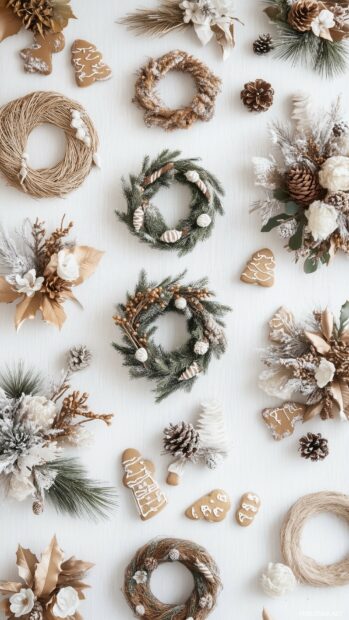 Christmas phone wallpaper with a combination of Christmas wreaths and gingerbread cookies, arranged in a simple and clean grid layout, using warm, neutral tones.