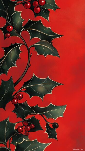 Christmas phone wallpaper  with elegant holly leaves and berries forming a repetitive tile pattern, laid over a soft red background.