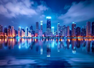 City skyline at night with cool twinkling lights and reflections, 1080p desktop background.