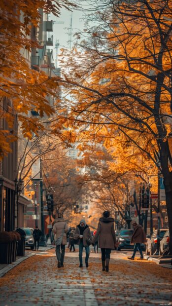 City street in autumn, trees with vibrant fall colors, people walking with scarves and coats, Autumn phone wallpaper.