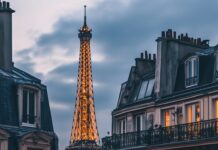 City wallpaper with a subtle Parisian skyline at dusk with soft lighting and minimal detail.