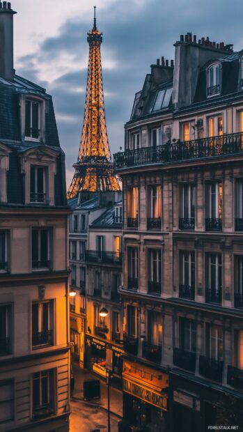 City wallpaper with a subtle Parisian skyline at dusk with soft lighting and minimal detail.