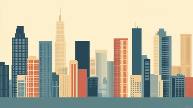 Cityscape desktop wallpaper with a minimalistic urban skyline featuring basic building shapes and muted colors.