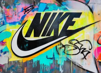 Classic Nike logo 4K on a bright, colorful graffiti wall background, with bold textures and street art detailing.