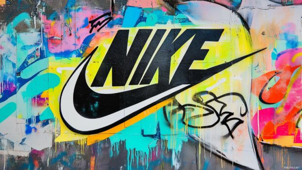 Classic Nike logo 4K on a bright, colorful graffiti wall background, with bold textures and street art detailing.