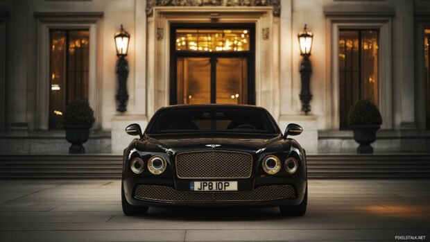 Classic black luxury car with elegant gold details on the grill and door handles, parked in front of an opulent building with golden lighting.