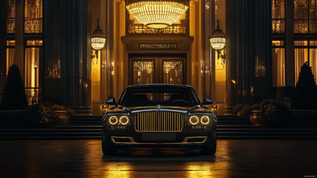 Classic black luxury cars wallpaper 4K with elegant gold details on the grill and door handles, parked in front of an opulent building with golden lighting.