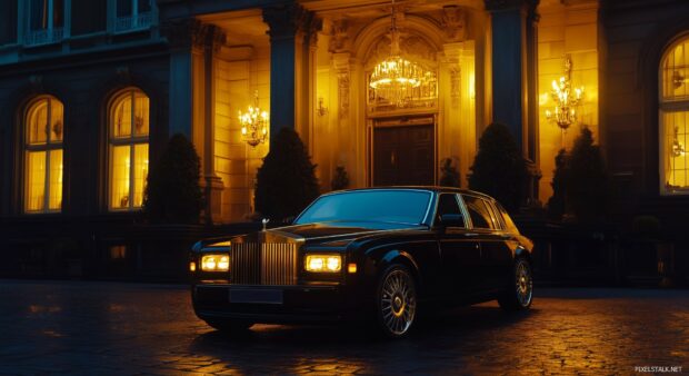 Classic luxury car with elegant gold details on the grill and door handles, parked in front of an opulent building with golden lighting.