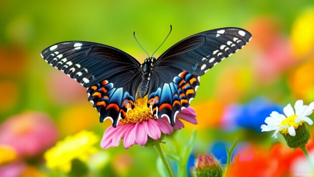 Close up of a butterfly resting on a colorful wildflower in a meadow.