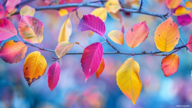 Close up of fall tree branches with colorful leaves.