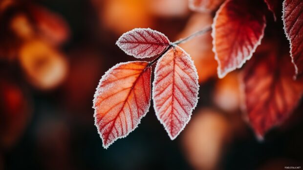 Close up of frosty autumn leaves in warm red, orange, and brown tones, highlighting their intricate details.