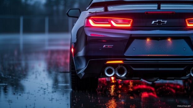 Close up of the rear taillights and quad exhaust of a Camaro 1LE, with reflections on wet pavement.