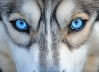 Close up portrait of a Husky dog with piercing blue eyes.