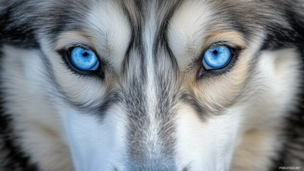 Close up portrait of a Husky dog with piercing blue eyes.