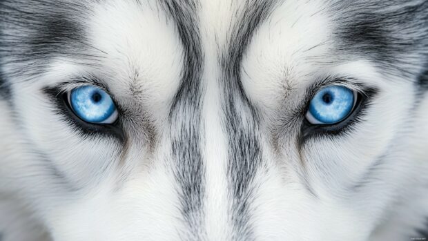 Close up portrait of a Husky dog with piercing blue eyes and detailed fur texture.